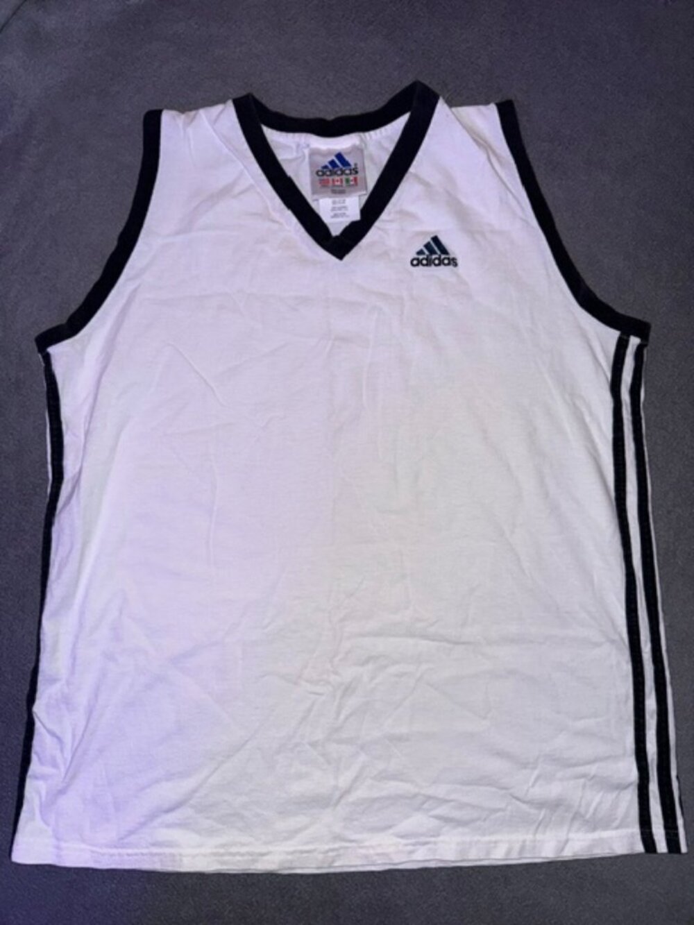 Vintage Adidas Sleeveless Jersey Style Shirt White Black Trim Large Made in USA